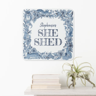 Custom She Shed Blue Rustic Woodland Animal Pretty Metal Sign