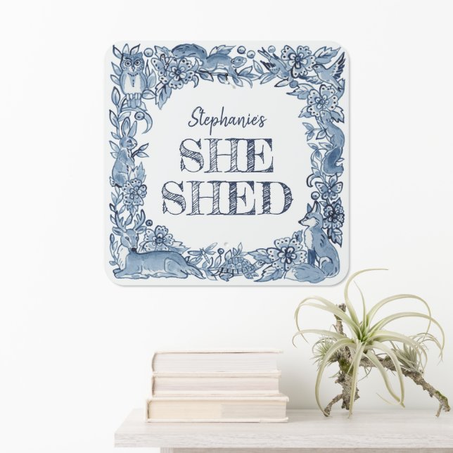 Custom She Shed Blue Rustic Woodland Animal Pretty Metal Sign (In Situ(Wall))