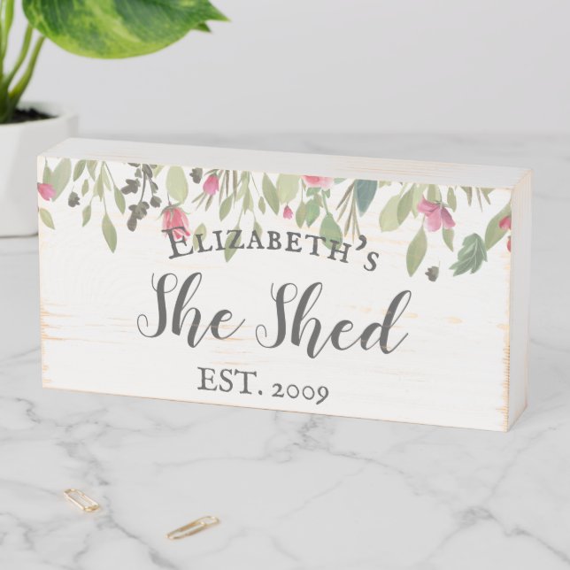 Custom She Shed  Personalized Floral Wooden Box Sign (In Situ Horizontal)