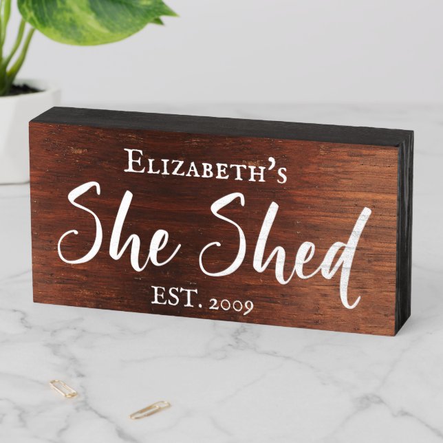 Custom She Shed Rustic Personalized Brush Script Wooden Box Sign (In Situ Horizontal)