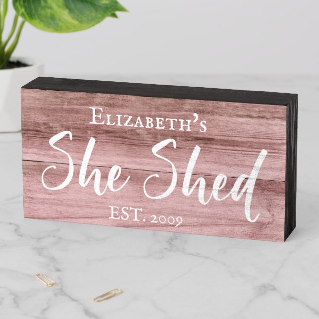 Custom She Shed Rustic Personalized Brush Script Wooden Box Sign (In Situ Horizontal)