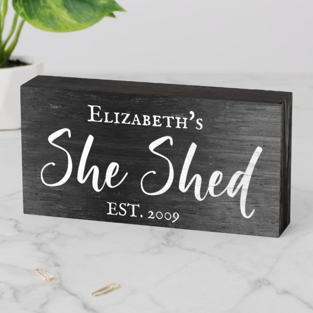 Custom She Shed Rustic Personalized Brush Script Wooden Box Sign (In Situ Horizontal)