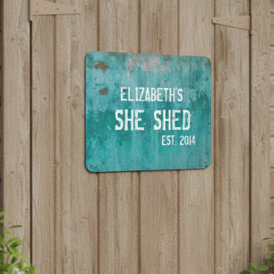 Custom She Shed Vintage Antique Blue Metal Look Door Sign