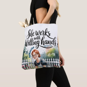 Custom She Works with Willing Hands Christian Tote Bag
