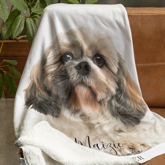 Custom Shih Tzu Dog Personalized Pet Photo Fleece Blanket (Shih Tzu Dog Sherpa White Blanket)