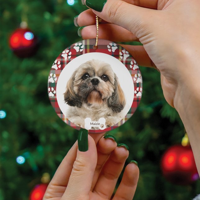 Custom Shih Tzu Dog Pet Photo Christmas Holiday Ceramic Ornament (Cute Shih Dog Red Plaid Custom Circle Ceramic Ornament)