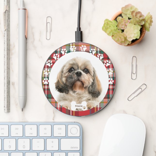 Custom Shih Tzu Dog Pet Photo Plaid Red Checkered Wireless Charger (Desk)