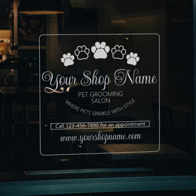 Custom Shop Name Pet Salon Business White Front Window Cling (Creator Uploaded)