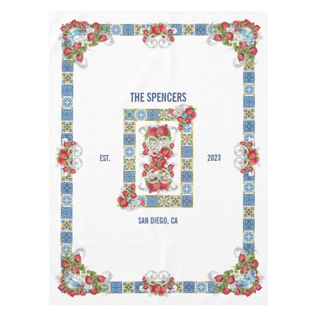 Custom Sicilian Majolica Tiles Fancy Pomegranate Tablecloth (Front)