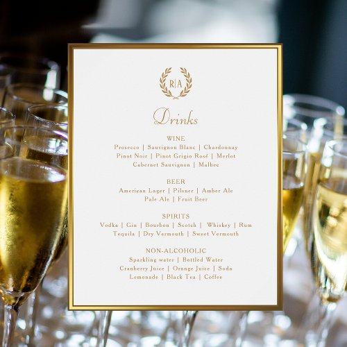 Custom Sign Monogram Wedding Drinks Bar Menu Gold