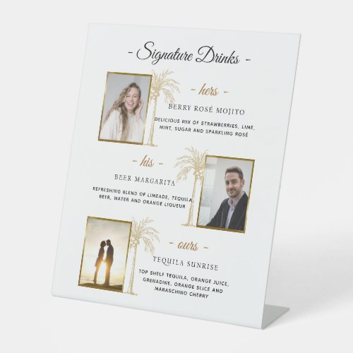 Custom Signature Drinks Gold Palm Wedding Photo Pedestal Sign