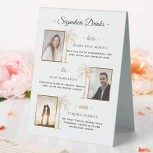 Custom Signature Drinks Gold Palm Wedding Photo Table Tent