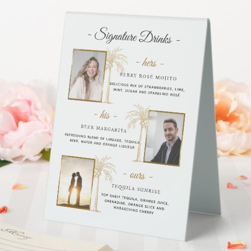 Custom Signature Drinks Gold Palm Wedding Photo Table Tent Sign