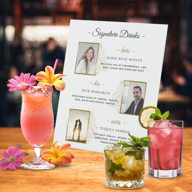 Custom Signature Drinks Gold Winter Wedding Photo Pedestal Sign (Custom Signature Drinks Gold Winter Wedding Photo Pedestal Sign)