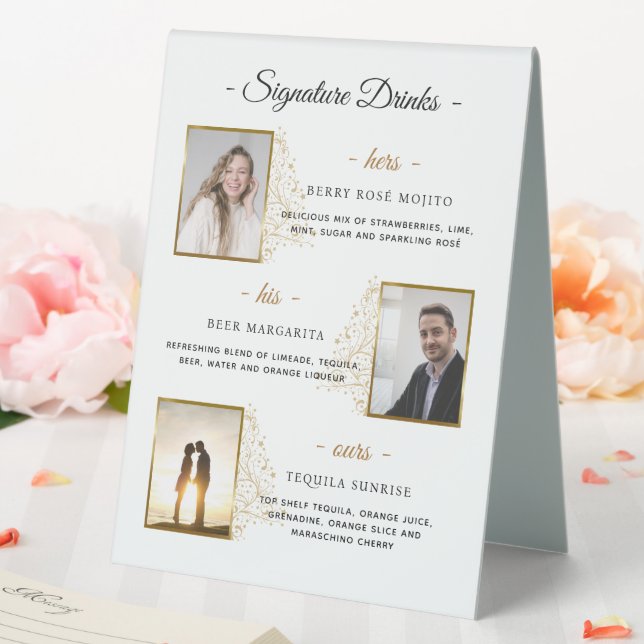 Custom Signature Drinks Gold Winter Wedding Photo Table Tent (In SItu (Wedding))
