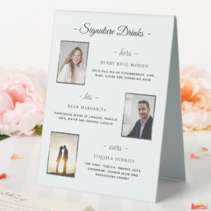 Custom Signature Drinks Silver Wedding Photos Table Tent