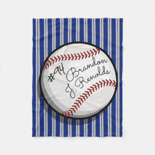 Custom Signature Style Baseball Navy Grey Stripe Fleece Blanket