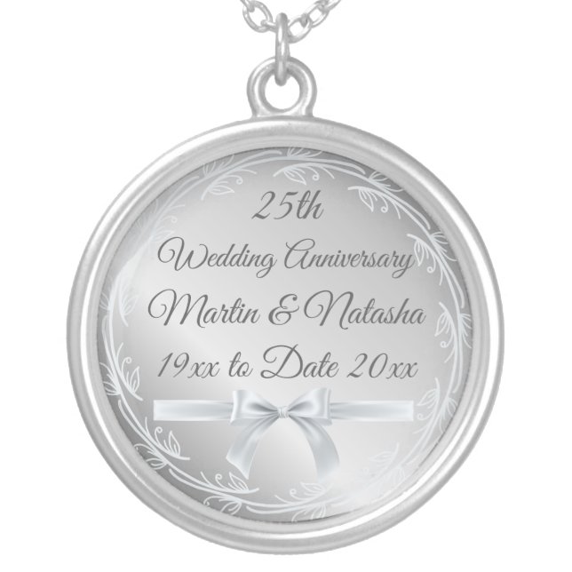 Custom Silver 25th Anniversary Gifts for Wife on Plated Necklace (Front)