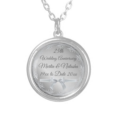 Custom Silver 25th Anniversary Gifts for Wife on Silver Plated Necklace