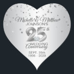 Custom Silver 25th Wedding Anniversary Diamond Heart Sticker<br><div class="desc">Lovely personalized 25th wedding anniversary stickers.  Silver with faux diamond heart.  Add name,  last name,  dates.  Perfect to add to your guest favors,  envelopes,  reception decor.</div>