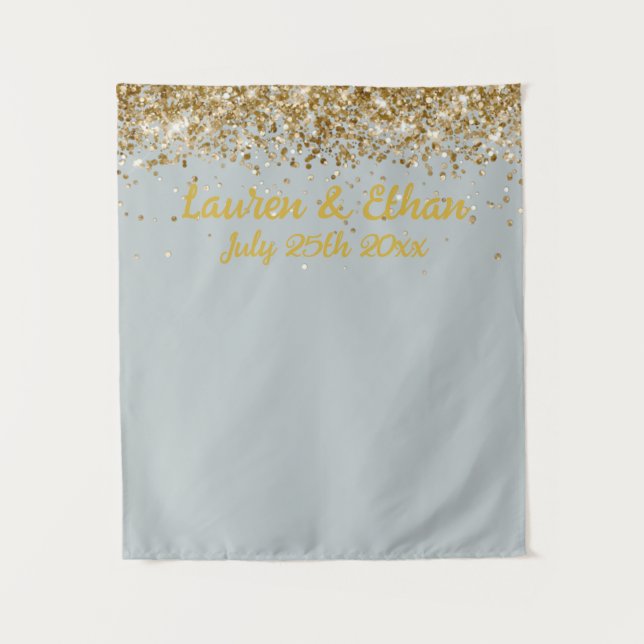 Custom Silver and Gold Glitter Wedding Photo Booth Tapestry (Front)