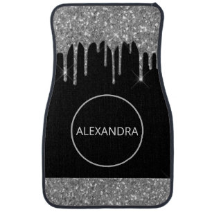 Custom Silver Black Glitter Sparkle Monogram Car F Car Floor Mat