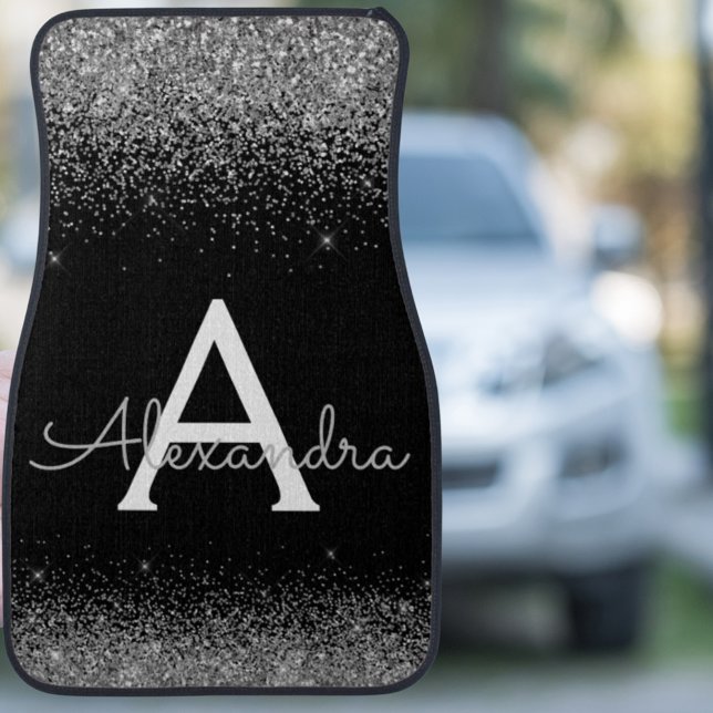 Custom Silver Black Glitter Sparkle Monogram Car F Floor Mat (Creator Uploaded)
