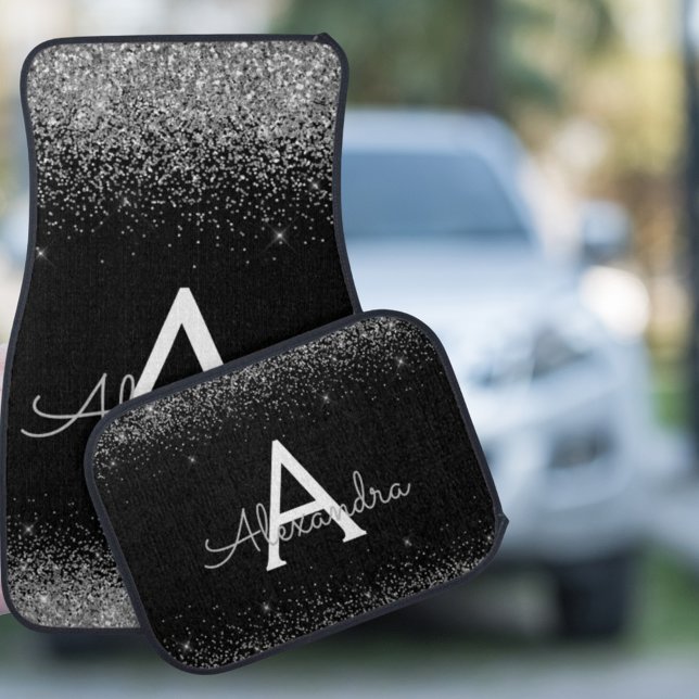 Custom Silver Black Glitter Sparkle Monogram Car Floor Mat (Creator Uploaded)