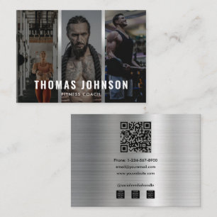 Custom Silver Fitness Coach Social Media 3 Photo Business Card