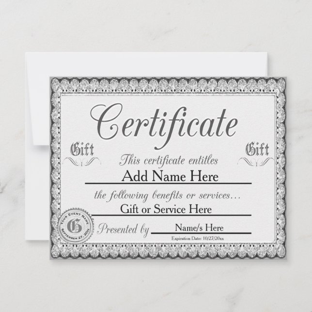 Custom Silver Gift Certificate for Invitations (Front)