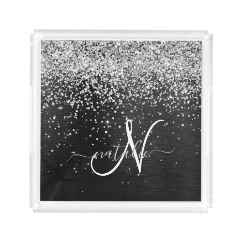 Custom Silver Glitter Black Sparkle Monogram Acrylic Tray