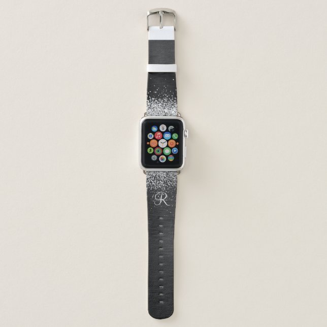 Custom Silver Glitter Black Sparkle Monogram Apple Watch Band (Front)