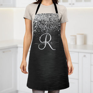 Custom Silver Glitter Black Sparkle Monogram Apron
