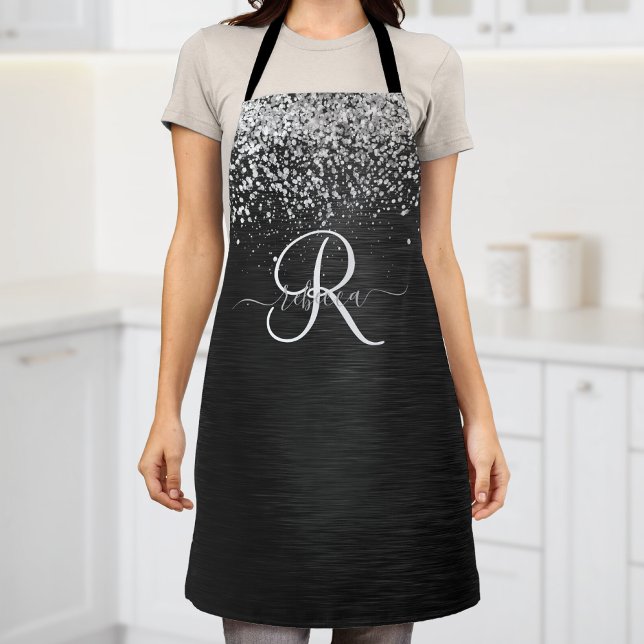 Custom Silver Glitter Black Sparkle Monogram Apron (Creator Uploaded)