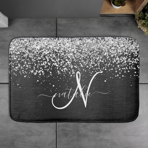 Custom Silver Glitter Black Sparkle Monogram Bath Mat