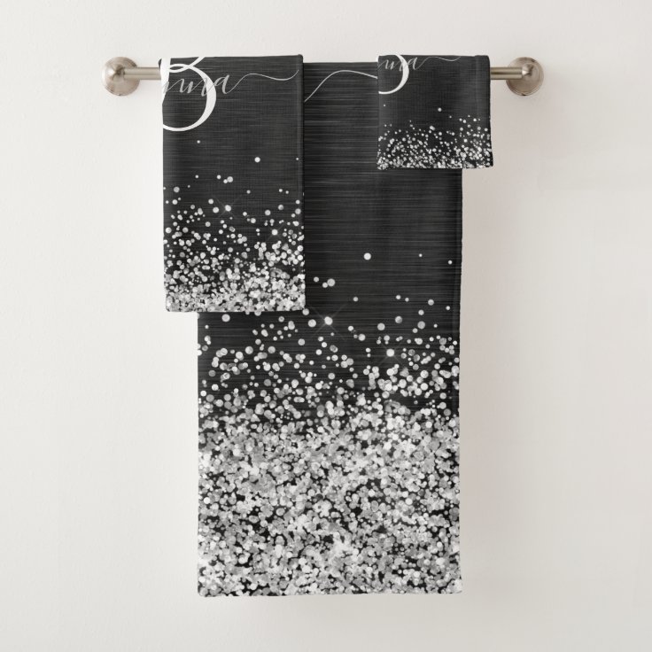 Custom Silver Glitter Black Sparkle Monogram Bath Towel Set Zazzle