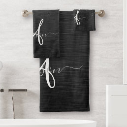 Custom Silver Glitter Black Sparkle Monogram Bath Towel Set