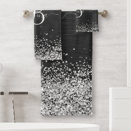 Custom Silver Glitter Black Sparkle Monogram Bath Towel Set