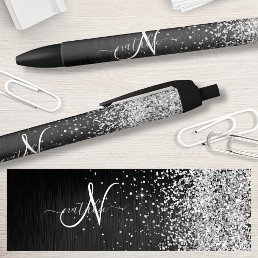Custom Silver Glitter Black Sparkle Monogram Black Ink Pen