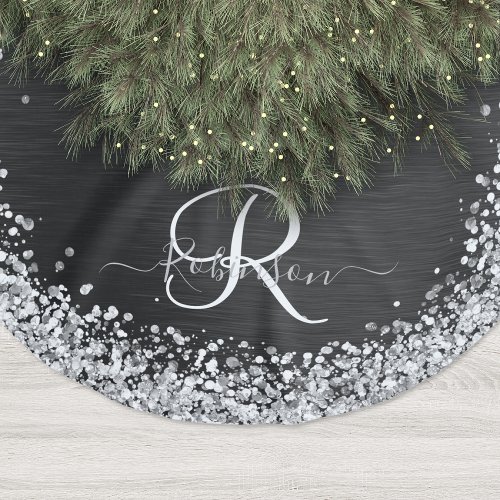 Custom Silver Glitter Black Sparkle Monogram Brushed Polyester Tree Skirt