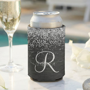Custom Silver Glitter Black Sparkle Monogram Can Cooler