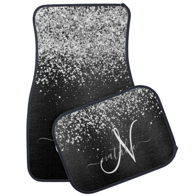 Custom Silver Glitter Black Sparkle Monogram Car Floor Mat (Set)
