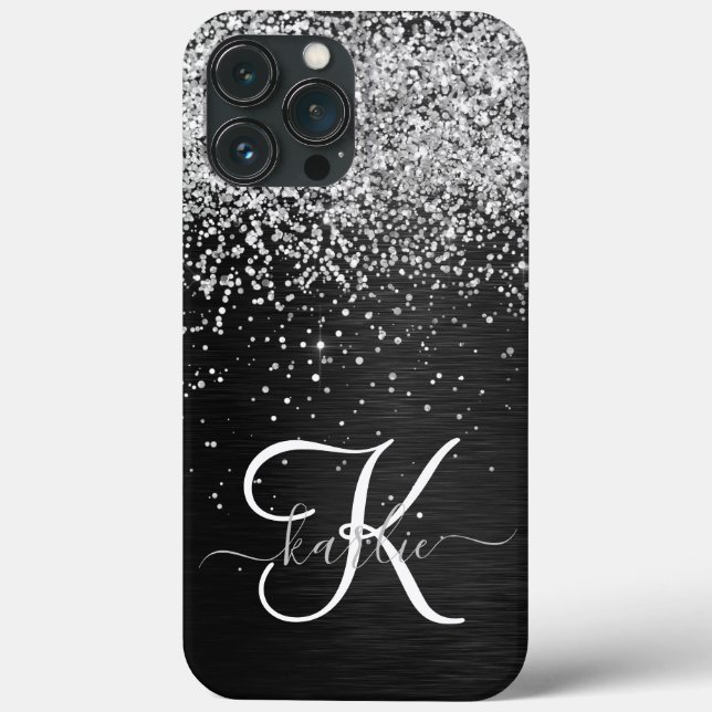 Custom Silver Glitter Black Sparkle Monogram Case-Mate iPhone Case (Back)
