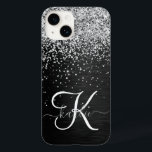 Custom Silver Glitter Black Sparkle Monogram Case-Mate iPhone 14 Case<br><div class="desc">Easily personalize this trendy elegant phone case design featuring pretty silver sparkling glitter on a black brushed metallic background.</div>