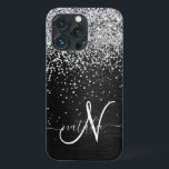 Custom Silver Glitter Black Sparkle Monogram iPhone 13 Pro Case<br><div class="desc">Easily personalize this trendy elegant phone case design featuring pretty silver sparkling glitter on a black brushed metallic background.</div>