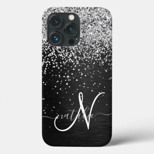 Custom Silver Glitter Black Sparkle Monogram iPhone 13 Pro Case