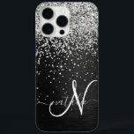 Custom Silver Glitter Black Sparkle Monogram iPhone 16 Pro Max Case<br><div class="desc">Easily personalize this trendy elegant phone case design featuring pretty silver sparkling glitter on a black brushed metallic background.</div>