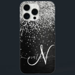 Custom Silver Glitter Black Sparkle Monogram iPhone 16 Pro Max Case<br><div class="desc">Easily personalize this trendy elegant phone case design featuring pretty silver sparkling glitter on a black brushed metallic background.</div>