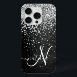 Custom Silver Glitter Black Sparkle Monogram iPhone 15 Pro Case<br><div class="desc">Easily personalize this trendy elegant phone case design featuring pretty silver sparkling glitter on a black brushed metallic background.</div>