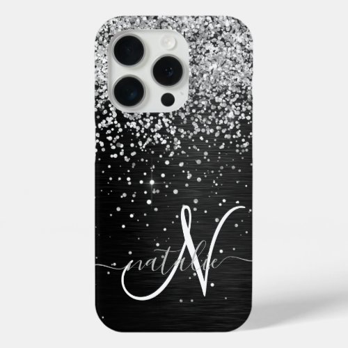 Custom Silver Glitter Black Sparkle Monogram iPhone 15 Pro Case